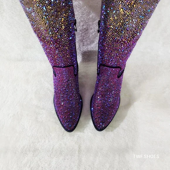 Western Glow Multi Purple Ombre Rhinestone Disco Cowgirl Knee Boots - Picture 9 of 17